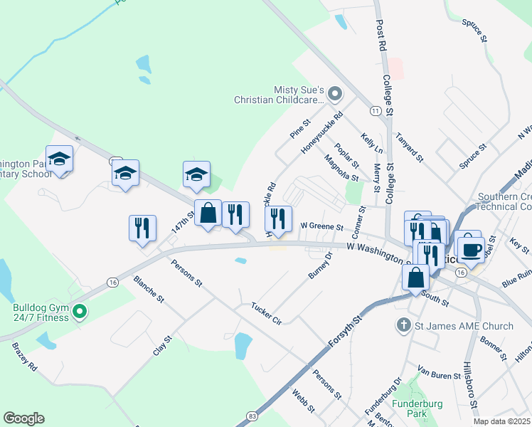 map of restaurants, bars, coffee shops, grocery stores, and more near 301 Honeysuckle Road in Monticello