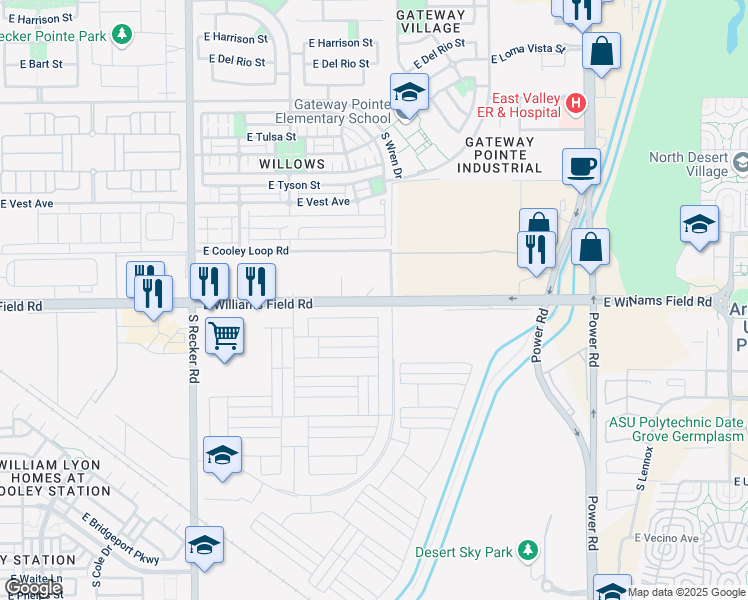 map of restaurants, bars, coffee shops, grocery stores, and more near 18042 East Williams Field Road in Gilbert