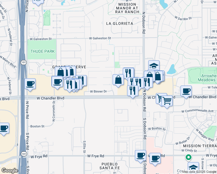 map of restaurants, bars, coffee shops, grocery stores, and more near 2350 West Toledo Place in Chandler