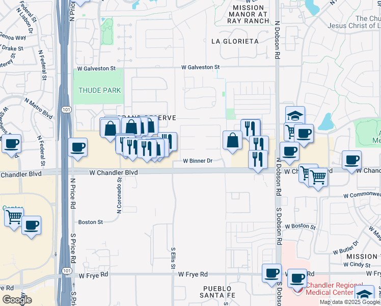 map of restaurants, bars, coffee shops, grocery stores, and more near 2420 West Toledo Place in Chandler