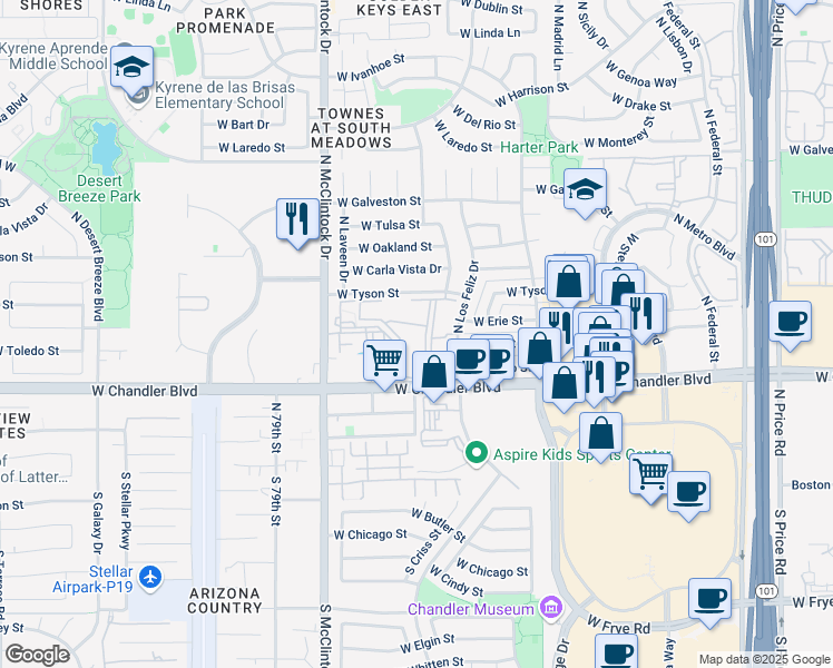 map of restaurants, bars, coffee shops, grocery stores, and more near 3800 West Chandler Boulevard in Chandler