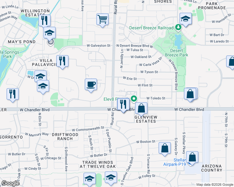 map of restaurants, bars, coffee shops, grocery stores, and more near 245 North Rural Road in Chandler
