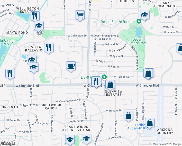 map of restaurants, bars, coffee shops, grocery stores, and more near 245 North Rural Road in Chandler