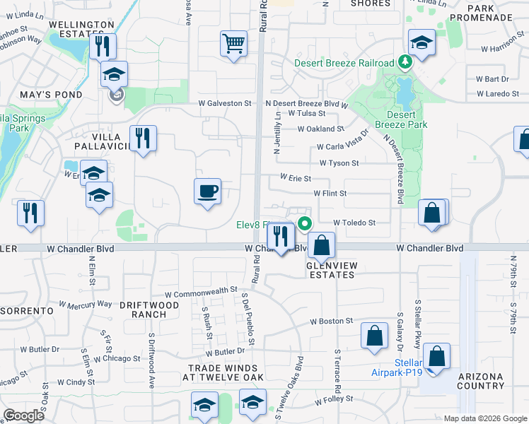 map of restaurants, bars, coffee shops, grocery stores, and more near 245 North Rural Road in Chandler