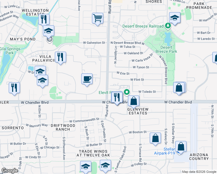map of restaurants, bars, coffee shops, grocery stores, and more near 245 North Rural Road in Chandler