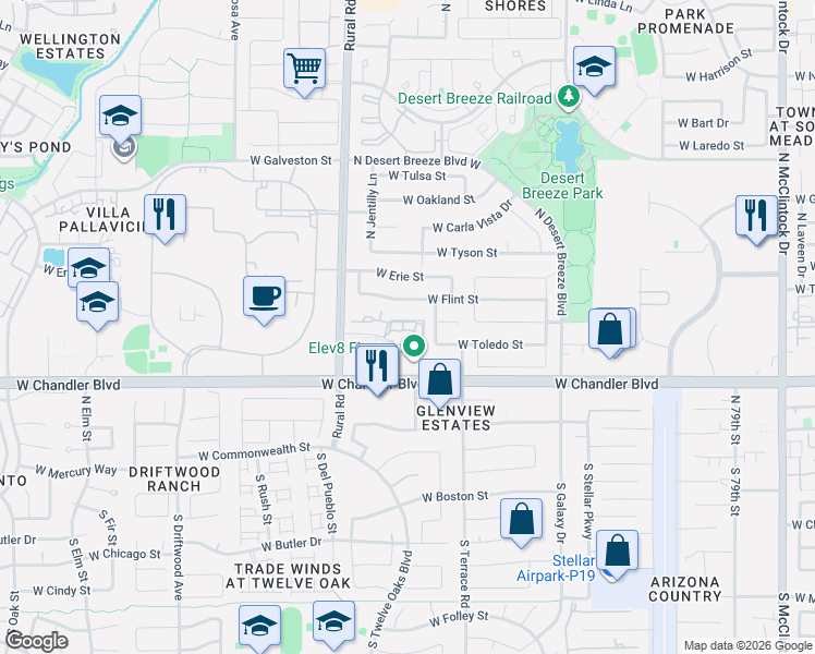 map of restaurants, bars, coffee shops, grocery stores, and more near 295 North Rural Road in Chandler