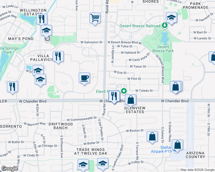map of restaurants, bars, coffee shops, grocery stores, and more near 245 North Rural Road in Chandler