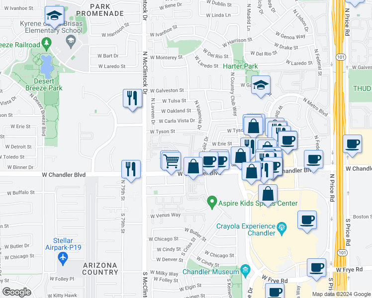 map of restaurants, bars, coffee shops, grocery stores, and more near 3800 West Chandler Boulevard in Chandler