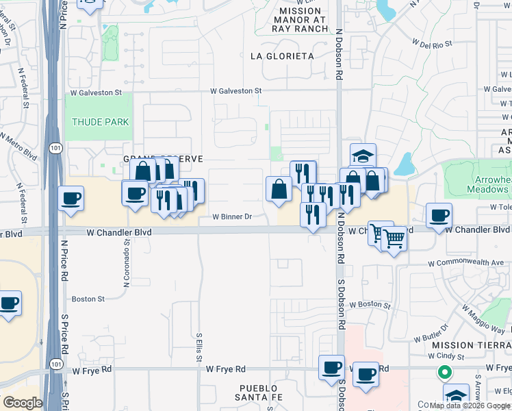 map of restaurants, bars, coffee shops, grocery stores, and more near 2350 West Toledo Place in Chandler