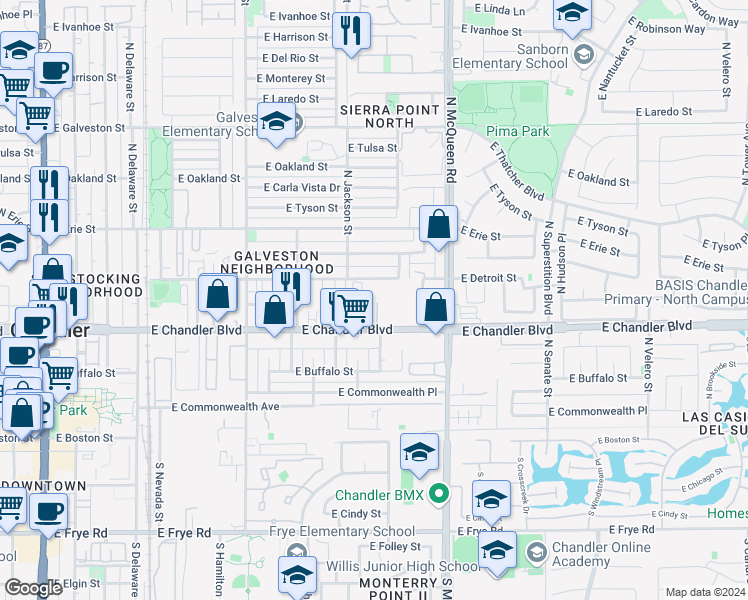 map of restaurants, bars, coffee shops, grocery stores, and more near 864 East Chandler Boulevard in Chandler