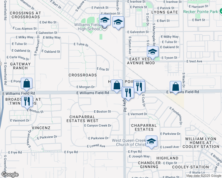 map of restaurants, bars, coffee shops, grocery stores, and more near 2363 South Banning Street in Gilbert