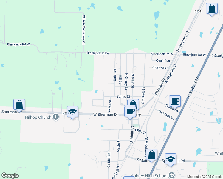 map of restaurants, bars, coffee shops, grocery stores, and more near 405 Union Street in Aubrey