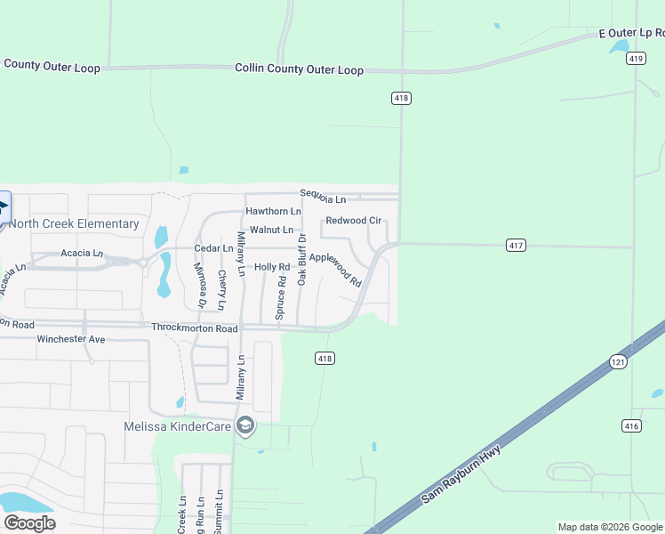 map of restaurants, bars, coffee shops, grocery stores, and more near 3612 Applewood Road in Melissa