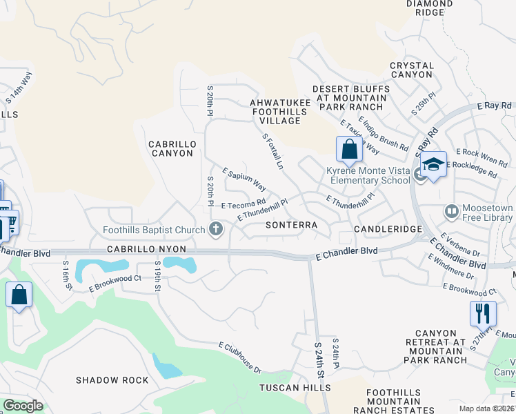 map of restaurants, bars, coffee shops, grocery stores, and more near 2151 East Tecoma Road in Phoenix