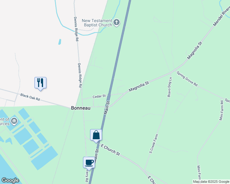 map of restaurants, bars, coffee shops, grocery stores, and more near 108 Shelly Street in Bonneau