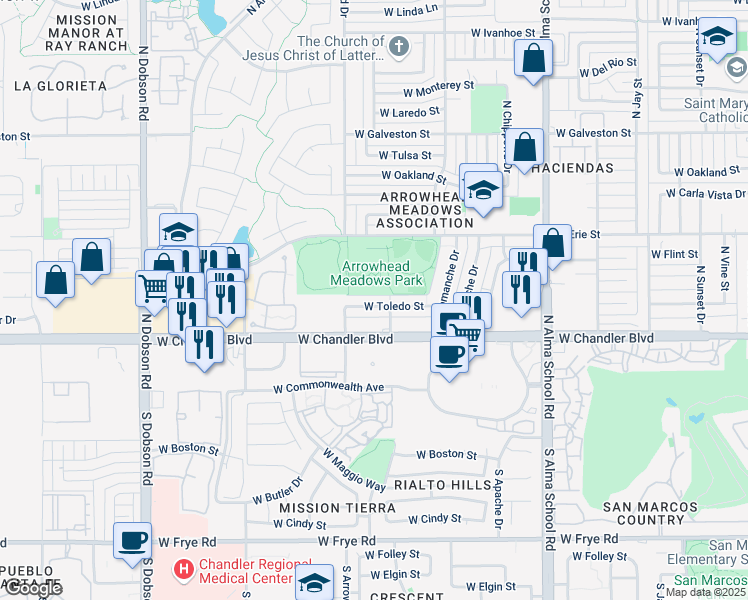 map of restaurants, bars, coffee shops, grocery stores, and more near 1284 West Toledo Street in Chandler