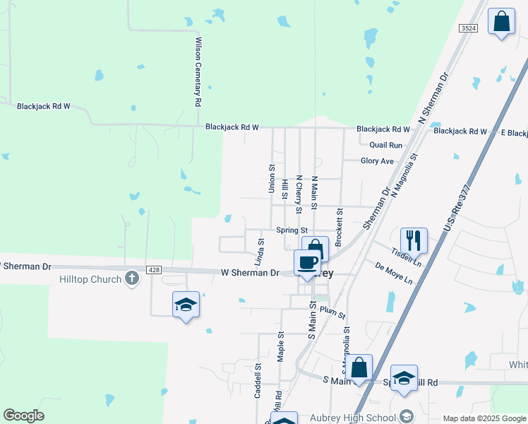 map of restaurants, bars, coffee shops, grocery stores, and more near 405 Union Street in Aubrey