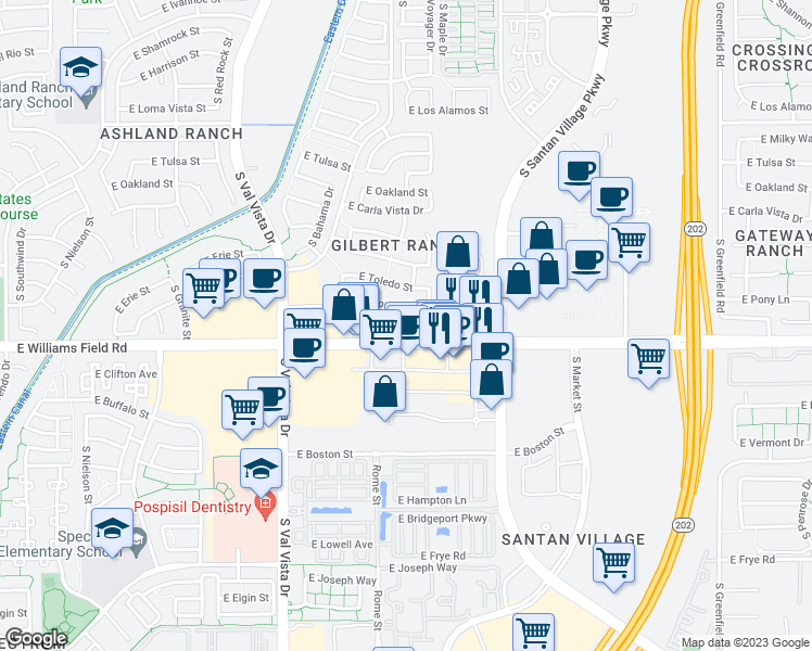 map of restaurants, bars, coffee shops, grocery stores, and more near 1816 East Morgan Drive in Gilbert