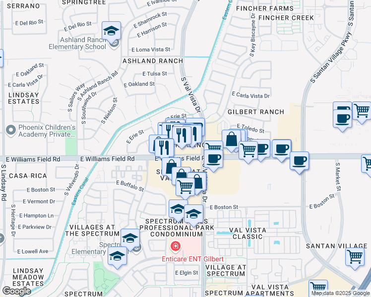 map of restaurants, bars, coffee shops, grocery stores, and more near 1524 East Williams Field Road in Gilbert