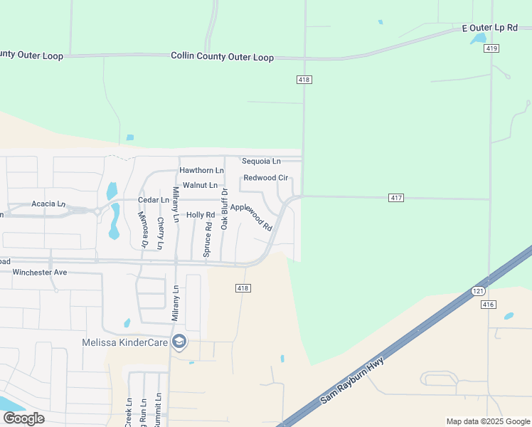 map of restaurants, bars, coffee shops, grocery stores, and more near 4307 Sycamore Road in Melissa