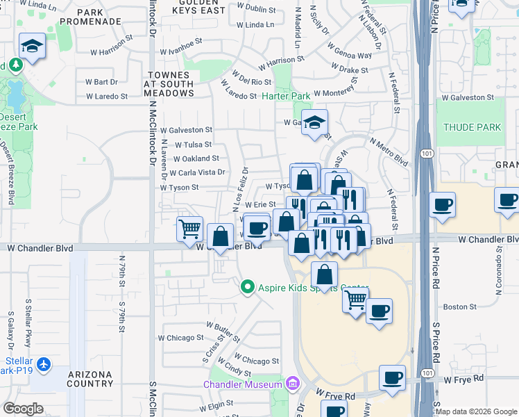 map of restaurants, bars, coffee shops, grocery stores, and more near 3513 West Erie Street in Chandler