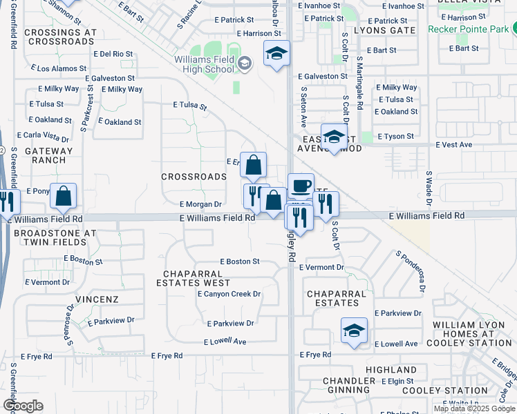map of restaurants, bars, coffee shops, grocery stores, and more near 3099 East Morgan Drive in Gilbert