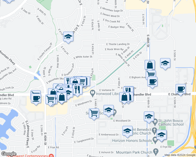 map of restaurants, bars, coffee shops, grocery stores, and more near 15244 South 44th Place in Phoenix