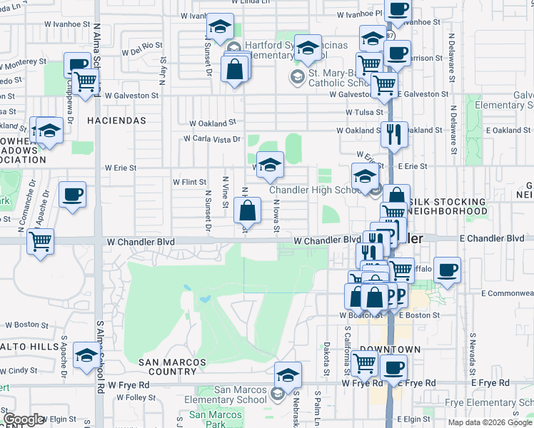 map of restaurants, bars, coffee shops, grocery stores, and more near 528 West Toledo Street in Chandler