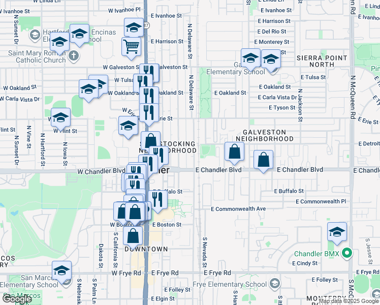 map of restaurants, bars, coffee shops, grocery stores, and more near 283 North Colorado Street in Chandler