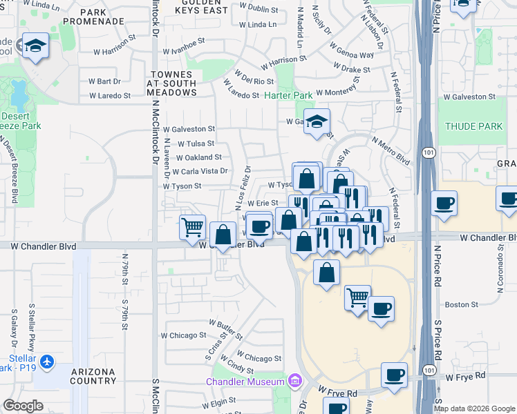 map of restaurants, bars, coffee shops, grocery stores, and more near 3513 West Erie Street in Chandler