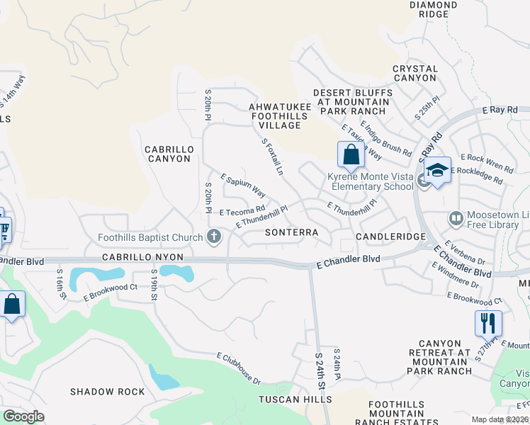 map of restaurants, bars, coffee shops, grocery stores, and more near 2151 East Tecoma Road in Phoenix