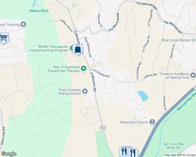 map of restaurants, bars, coffee shops, grocery stores, and more near 4646 South Mission Road in Fallbrook
