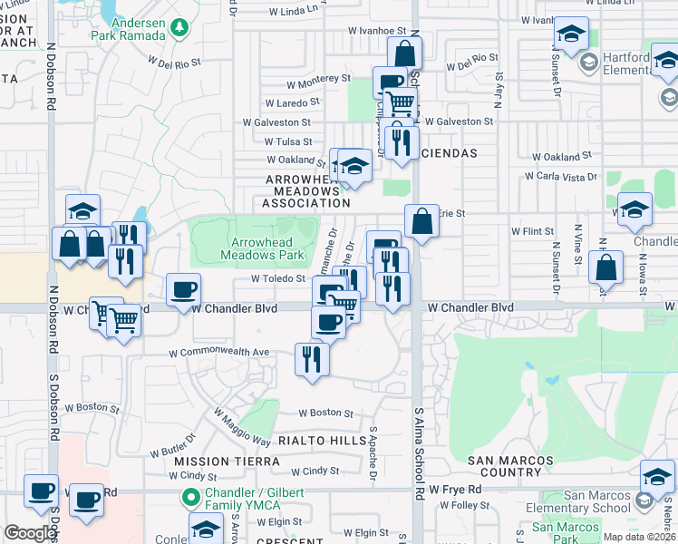 map of restaurants, bars, coffee shops, grocery stores, and more near 270 North Apache Drive in Chandler