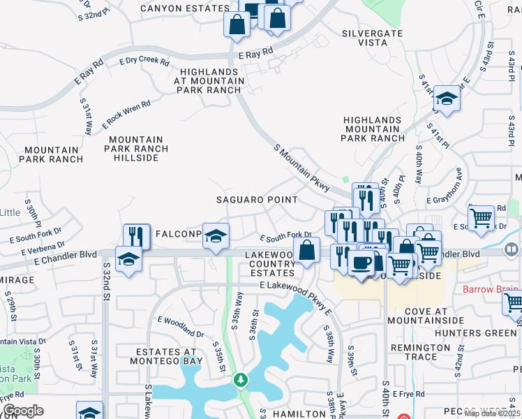 map of restaurants, bars, coffee shops, grocery stores, and more near 15414 South 38th Street in Phoenix