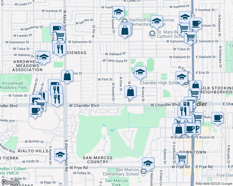 map of restaurants, bars, coffee shops, grocery stores, and more near 680 W Toledo St in Chandler