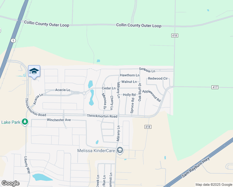 map of restaurants, bars, coffee shops, grocery stores, and more near 4315 Milrany Lane in Melissa