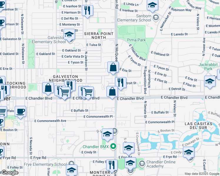 map of restaurants, bars, coffee shops, grocery stores, and more near 23 North Monte Vista Street in Chandler