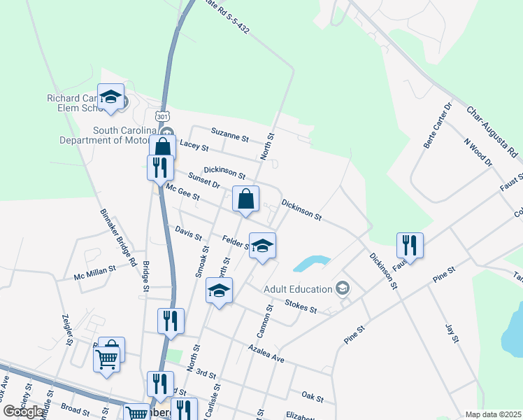map of restaurants, bars, coffee shops, grocery stores, and more near 509 North Street in Bamberg