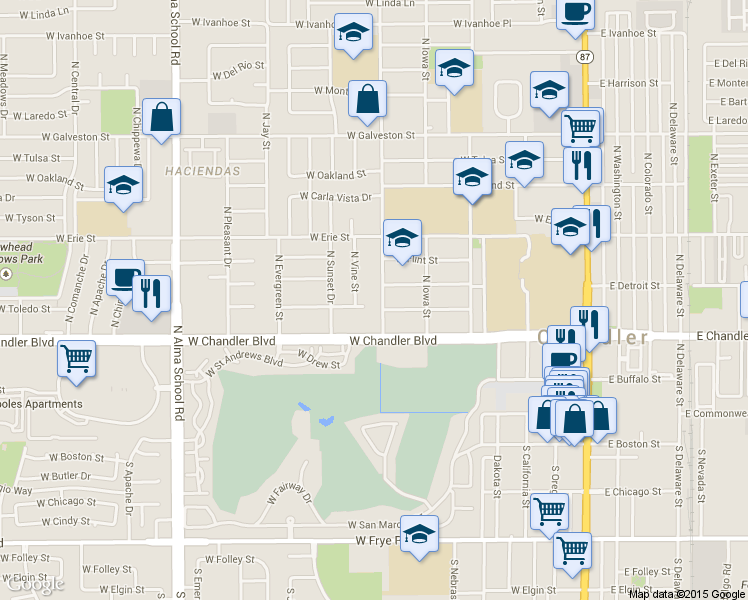 map of restaurants, bars, coffee shops, grocery stores, and more near 282 North Hartford Street in Chandler