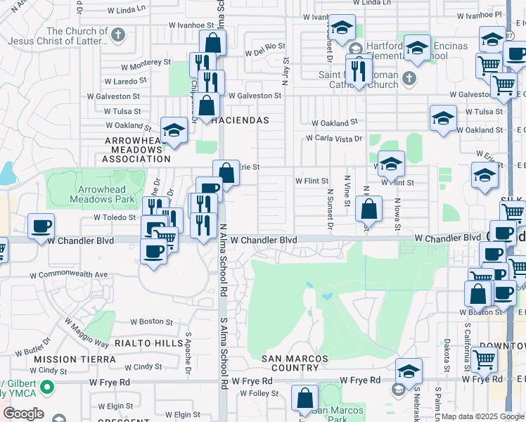 map of restaurants, bars, coffee shops, grocery stores, and more near 810 West Toledo Street in Chandler
