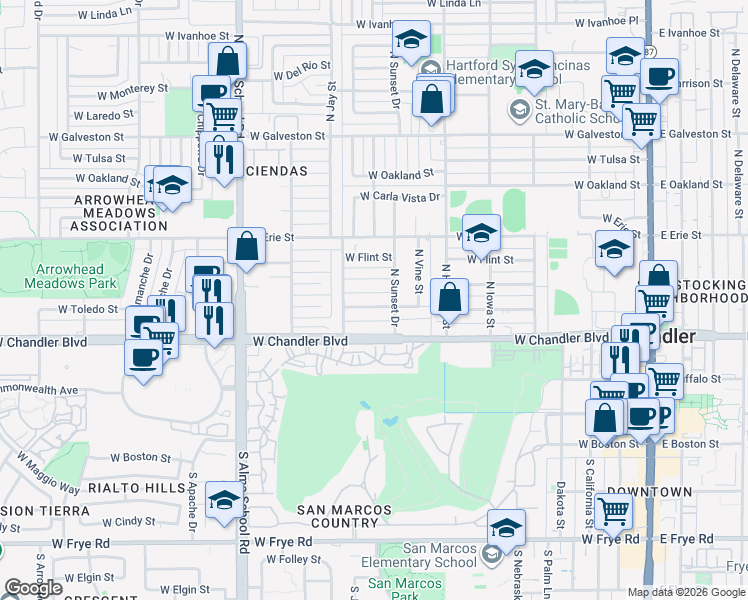 map of restaurants, bars, coffee shops, grocery stores, and more near 736 West Toledo Street in Chandler