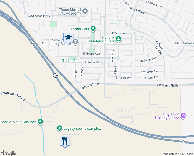 map of restaurants, bars, coffee shops, grocery stores, and more near Williams Field Road in Mesa