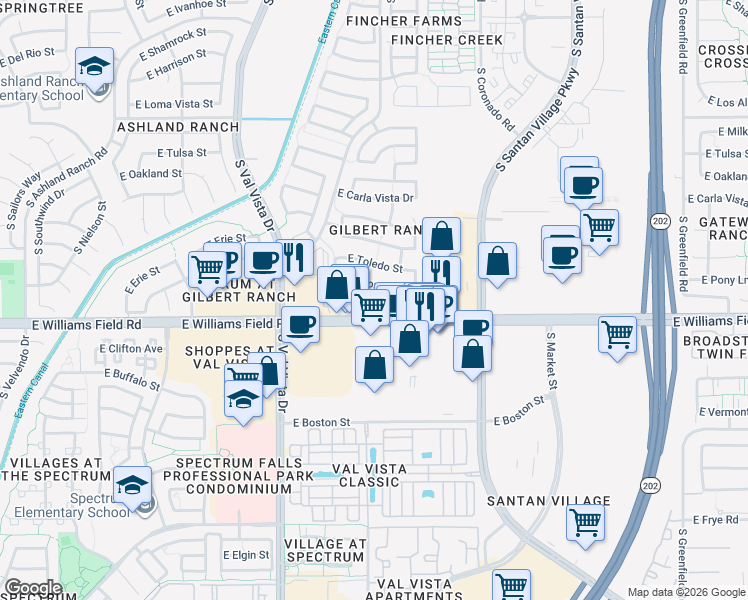 map of restaurants, bars, coffee shops, grocery stores, and more near 1776 East Morgan Drive in Gilbert