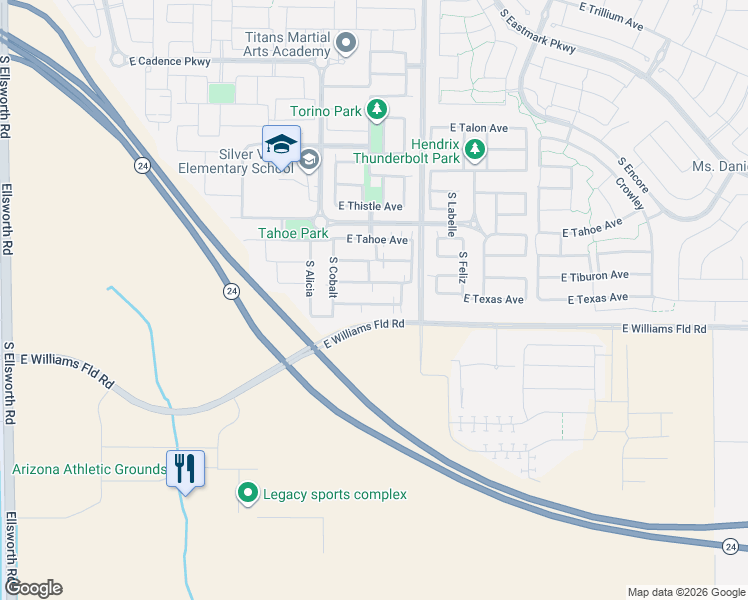 map of restaurants, bars, coffee shops, grocery stores, and more near 9908 East Texas Avenue in Mesa