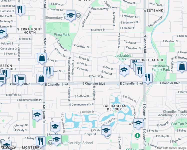 map of restaurants, bars, coffee shops, grocery stores, and more near 1474 East Detroit Street in Chandler