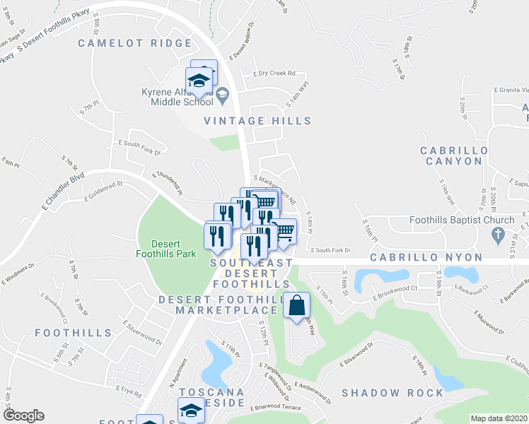 map of restaurants, bars, coffee shops, grocery stores, and more near 1311 East Cathedral Rock Drive in Phoenix