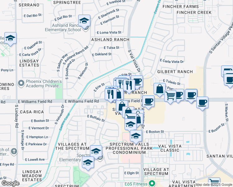map of restaurants, bars, coffee shops, grocery stores, and more near 2377 South Granite Street in Gilbert