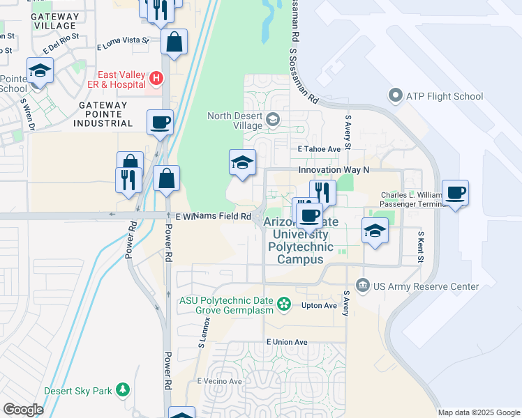 map of restaurants, bars, coffee shops, grocery stores, and more near South Willians Campus Loop West in Mesa