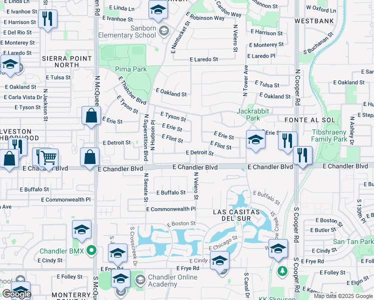 map of restaurants, bars, coffee shops, grocery stores, and more near 1458 East Detroit Street in Chandler