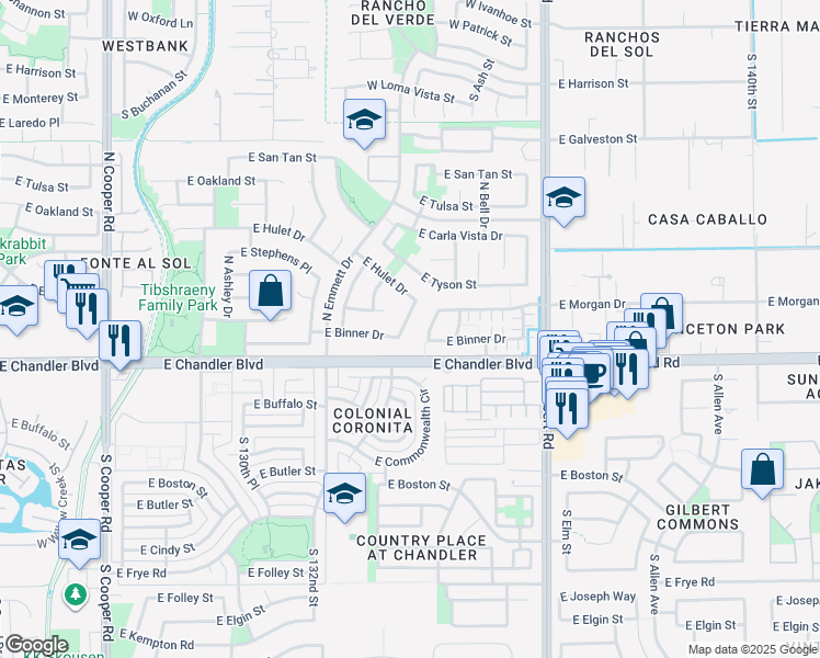 map of restaurants, bars, coffee shops, grocery stores, and more near 253 North Kimberlee Way in Chandler